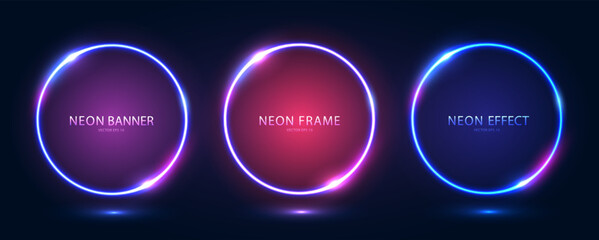 A set of three round neon frames with shining effects and highlights on a dark blue background. Futuristic sci-fi modern neon glowing banners. Vector illustration. - obrazy, fototapety, plakaty