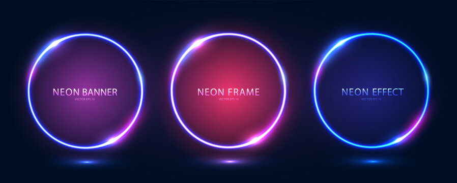A set of three round neon frames with shining effects and highlights on a dark blue background. Futuristic sci-fi modern neon glowing banners. Vector illustration.