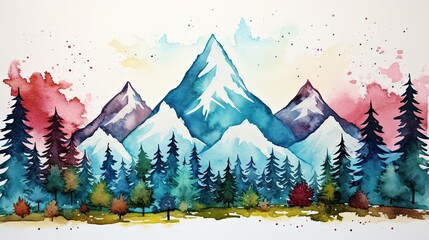 Simple watercolor colorful mountains painting