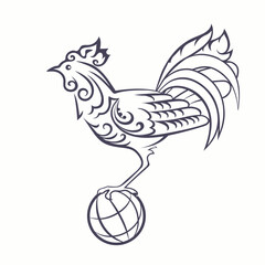 Black and white vector illustration. The rooster holds the globe in its claws