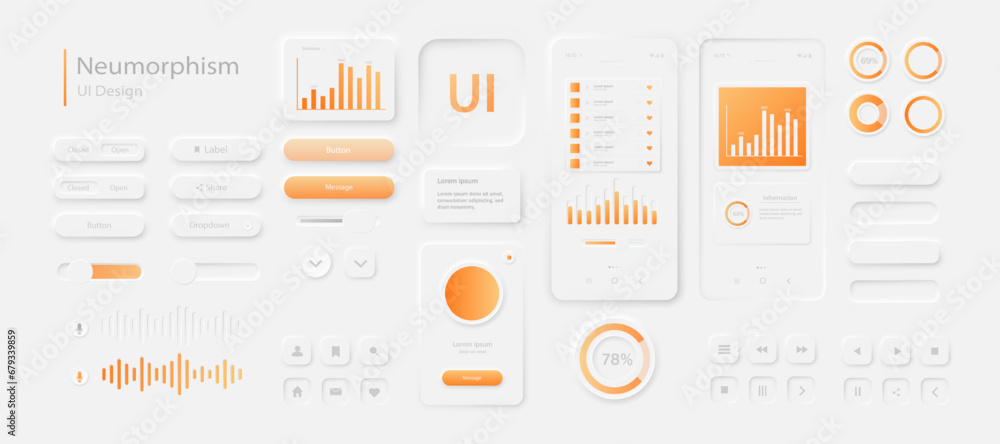 Poster a set of user interface elements for a mobile application in white orange. user interface icons for 