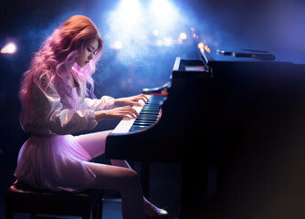 Korean K-pop female pianist performing music on live stage in retro pink and blue light with copy space, asian girl playing piano, side view in fairy dress
 - obrazy, fototapety, plakaty