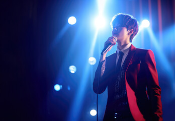 Korean K-pop elegant young male singer boy performing music on live stage while holding microphone in blue spotlight with copy space - obrazy, fototapety, plakaty