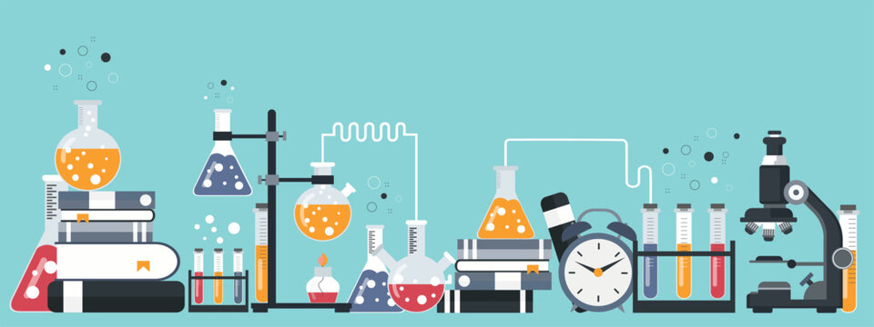 Laboratory equipment banner. Concept for science, medicine and knowledge. Flat vector illustration	