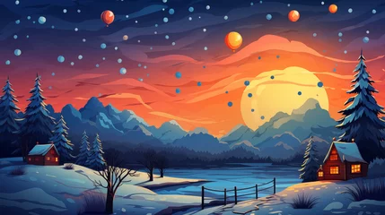 Wall murals Night blue winter landscape with mountains, winter landscape, mountains, illustration of mountains