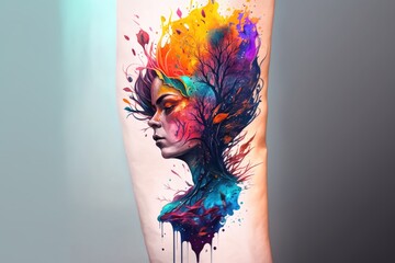 Portrait of a beautiful woman with creative make-up and colorful paint splashes
