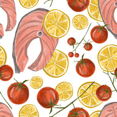 Watercolor seamless pattern with Mediterranean cuisine, grilled salmon steak, cherry tomatoes, lemon slices. Pattern with fish steak and vegetables