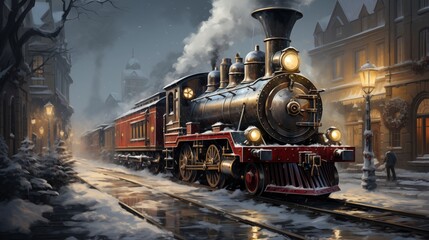 Christmas decorated train winter background AI generated illustration - obrazy, fototapety, plakaty