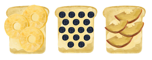 Set of hand drawn watercolor food illustrations. Toast with fruits, pieces of peach, pineapple, berries, figs, blueberries. flat eco food illustration
