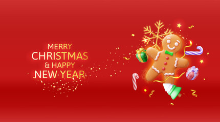 3D Holiday Gingerbread Man Cookie and Confetti.