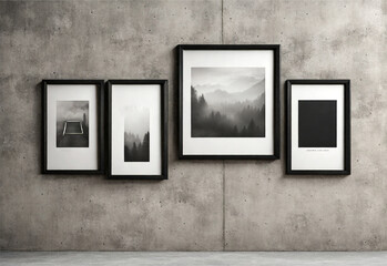 Photo of paintings hanging on a gray wall.