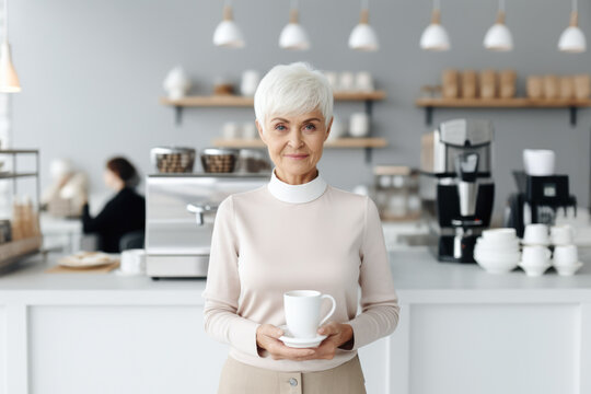 Attractive professional senior woman holding a cup of coffee in coffee shop.