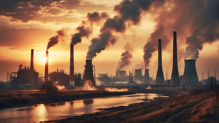  Power plant with smoking chimneys on a background of blue sky.Factories release CO2 into the atmosphere.Concept of carbon trading market.Atmospheric pollution,air pollution concept.  - obrazy, fototapety, plakaty