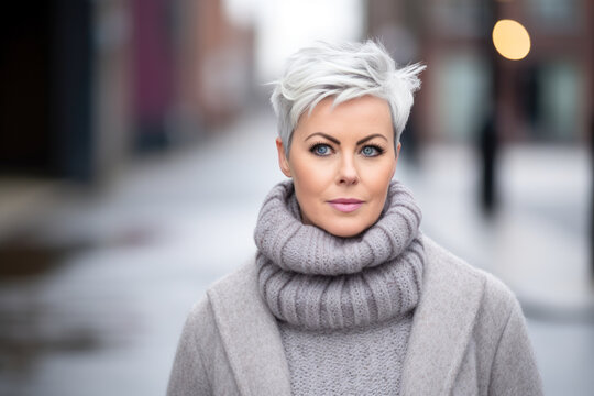 Woman with grey hair in wool sweater with grey scarf.