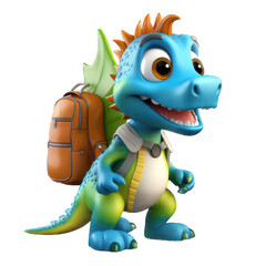 Fototapeta premium Cute cartoon dinosaur with school bag png transparent background