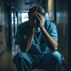 Emotional Turmoil: A Doctor's Struggle in the Hospital Hallway - obrazy, fototapety, plakaty