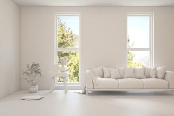 Grey living room concept with sofa and summer landscape in window. Scandinavian interior design. 3D illustration