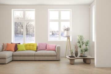 White living room with sofa and winter landscape in window. Scandinavian interior design. 3D illustration