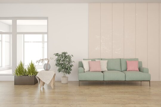 White scandinavian interior design with sofa. 3D illustration