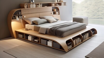 a space-saving bedroom with built-in storage beneath the bed and hidden compartments in the furniture