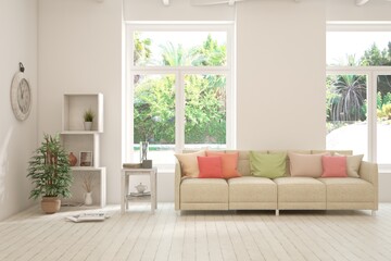 White living room with sofa and summer landscape in window. Scandinavian interior design. 3D illustration