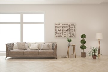 White scandinavian interior design with sofa. 3D illustration