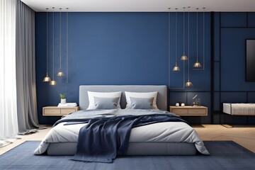  Stylish bedroomStylish bedroom interior in trendy blue. interior in trendy blue.