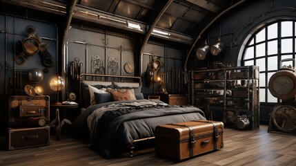 a steampunk minimalist bedroom with industrial accents and hidden storage in vintage trunks - obrazy, fototapety, plakaty