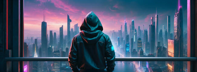 Wide angle shot of a man in a futuristic hooded jacket stands on top of a skyscraper on a blurred cyberpunk city panorama background with bright neon lights.