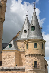 Fototapeta na wymiar Detailed tower and corner view at the iconic spanish medieval castle palace Alcazar of Segovia