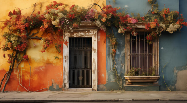 Charming door with flowers in the historic city center of Mexico