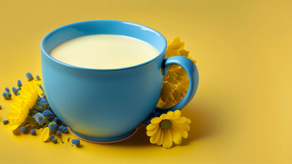 Uma xícara azul, com leite cremoso, sobre uma superfície amarela com flores ao redor. Com espaço para texto.