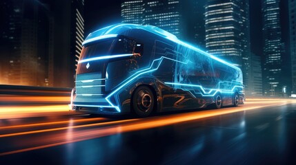 Futuristic truck with digital effects, driving at night