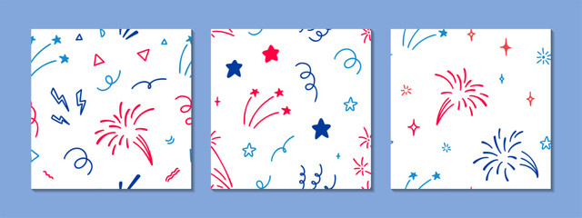 Set of 4th of July USA Independence Day doodle seamless patterns. America flag blue, red and white colors. 14th of July Happy National day of France firework desig - obrazy, fototapety, plakaty