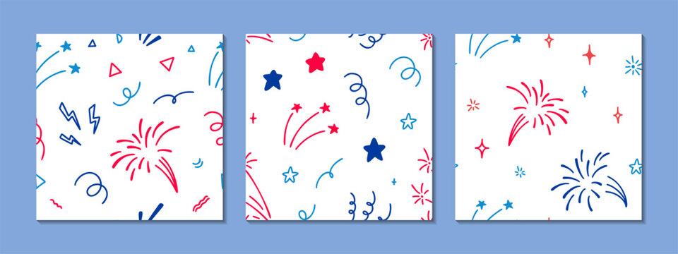 Set of 4th of July USA Independence Day doodle seamless patterns. America flag blue, red and white colors. 14th of July Happy National day of France firework desig