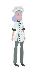 Mature cook woman Young casual woman on white background. He's confident and relaxed in himself. Flat graphic animation, vector illustration isolated on white background.  food concept.