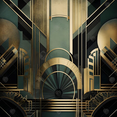 art deco green geometric background with gold lines