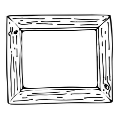Hand drawn doodle wood frame. Black outline, rectangular photo frame.