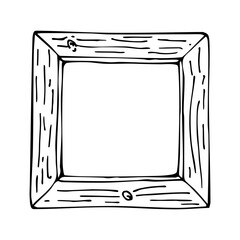 Hand drawn doodle wood frame. Black outline, square photo frame.