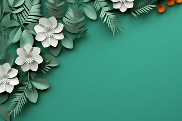 Paper cut flowers on green background with copy space.
