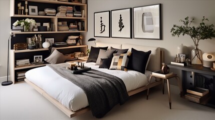 a stylish guest room with a sofa bed and clever storage solutions