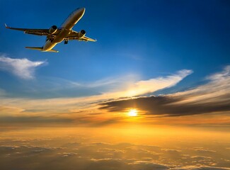 Fototapeta na wymiar Airplane fly the sky over cloudy sky sunset, travel concept