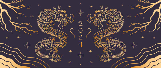 Chinese New Year of the Wooden Dragon. Banner with gold Antique pattern, Asian style. Bright vector banner. Night starry sky, branches. Vintage font 2024. for poster, flyer.