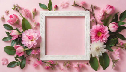 assorted pink flower and white frame border on pink background flat lay