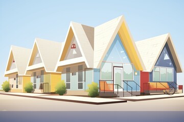 shiny, silver a-frame metal homes in a row, magazine style illustration