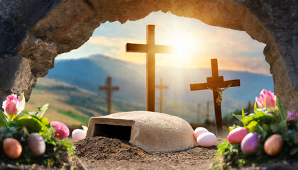 crucifixion and resurrection empty tomb of jesus with crosses in the background easter or...