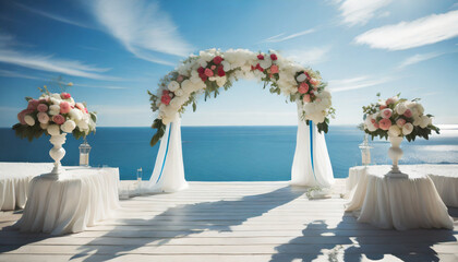 elegant wedding arch with fresh flowers vases on background of ocean and blue sky