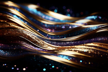 Glitter Golden Wave Stripes Design. Shiny Gold and Blue moving lines design element on dark background	