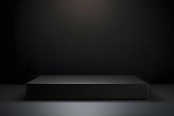Black podium or pedestal display on dark background with long platform. 