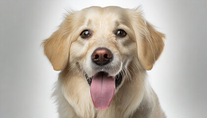 portrait hungry dog licking its lips with tongue out isolated on white background